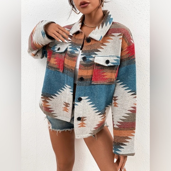 NWOT SHEIN Lune Multicolour Geo Print Drop Shoulder Flap Pocket Overcoat Size S - Picture 5 of 15